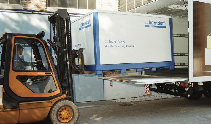 The Bernfixx mobile training centre being loaded on a truck to go to a customer's factory
