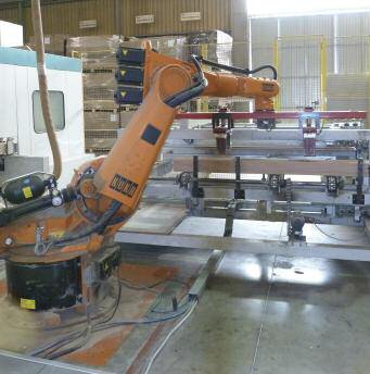 One of five robots used for handling Arauco's Floorest' laminated flooring strips at the former Tafisa Brasil panel plant at Pi?n, Brazil